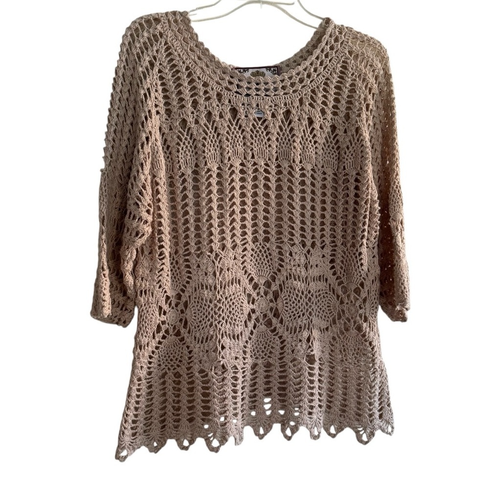 VTG Y2K Tiara International open-knit Crochet Sweater Beige Boho Cottagecore L